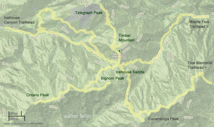 Map of trails extending to and from Icehouse Saddle, Mt Baldy