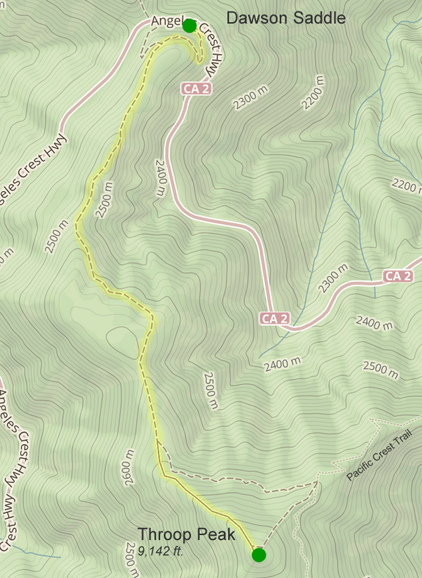 Map of trail between Dawson Saddle and Throop Peak