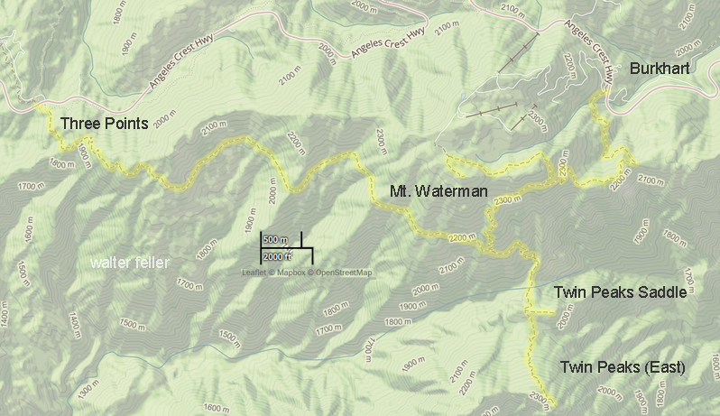 Map of hiking trail from Three Points way over to Twin Peaks and Mt. Waterman and on