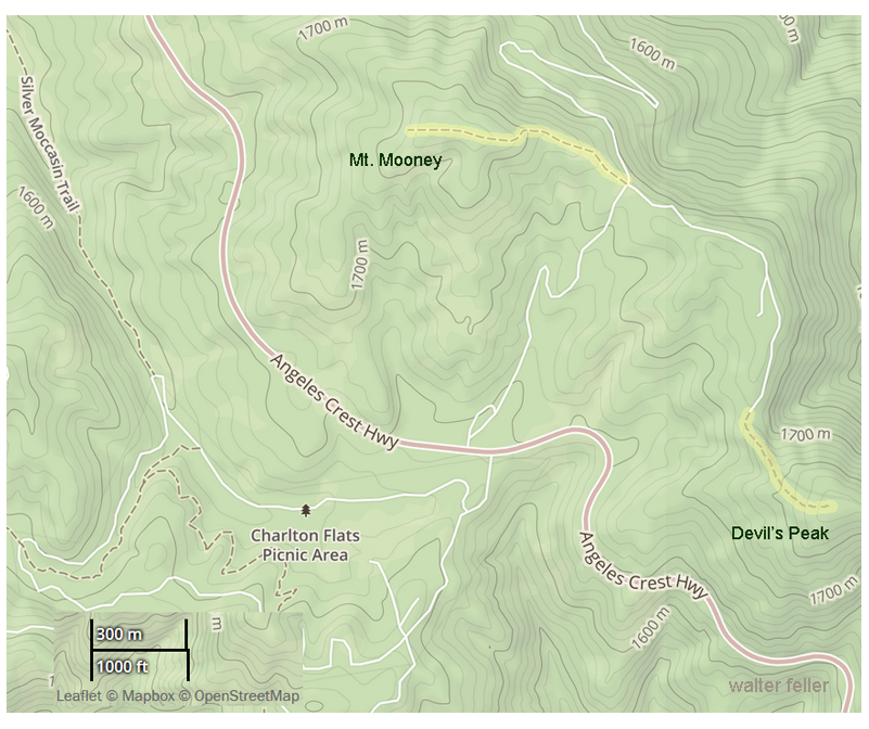 Trail map of Charleton Flats to Mt. Mooney hiking trail in San Gabriel National Monument