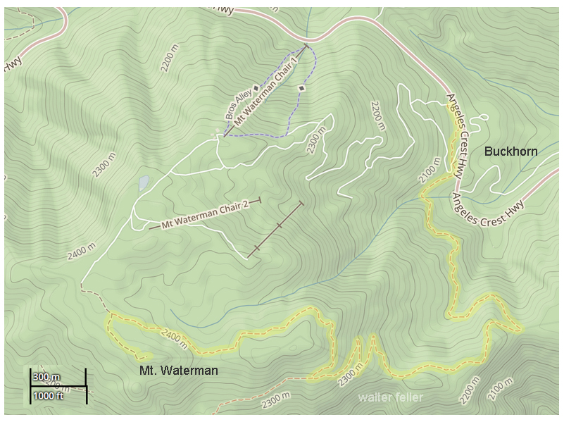 Trail map to summit of Mt. Waterman, San Gabriel National Monument